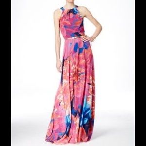 Bright Coral Watercolor Halter Maxi-dress